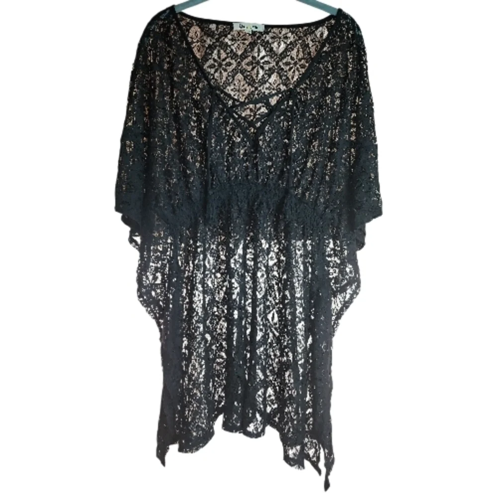MIKEN SWIM | Black Crochet Lace Boho Tassels Beach Swim Kimono Cover-Up |‎ XL